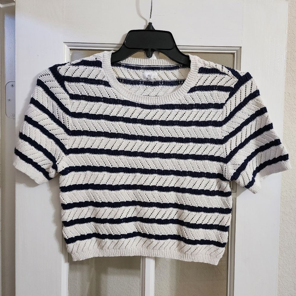 Aerie Crochet Stripe Sweater XL Navy Ivory Cropped Coastal Knit